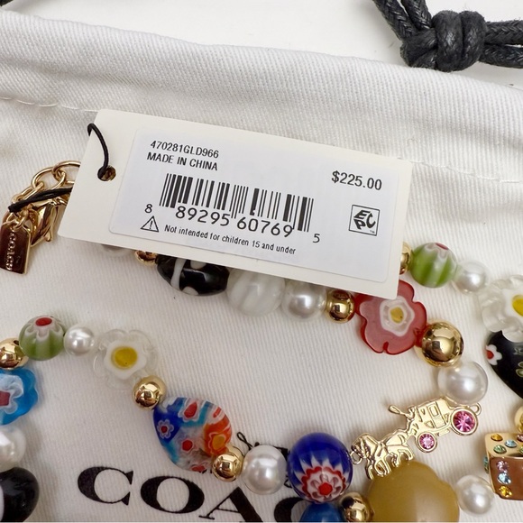 Coach Beaded Charm Necklace Millefiori Glass Art Faux Pearl Rhinestones NEW - Picture 7 of 7